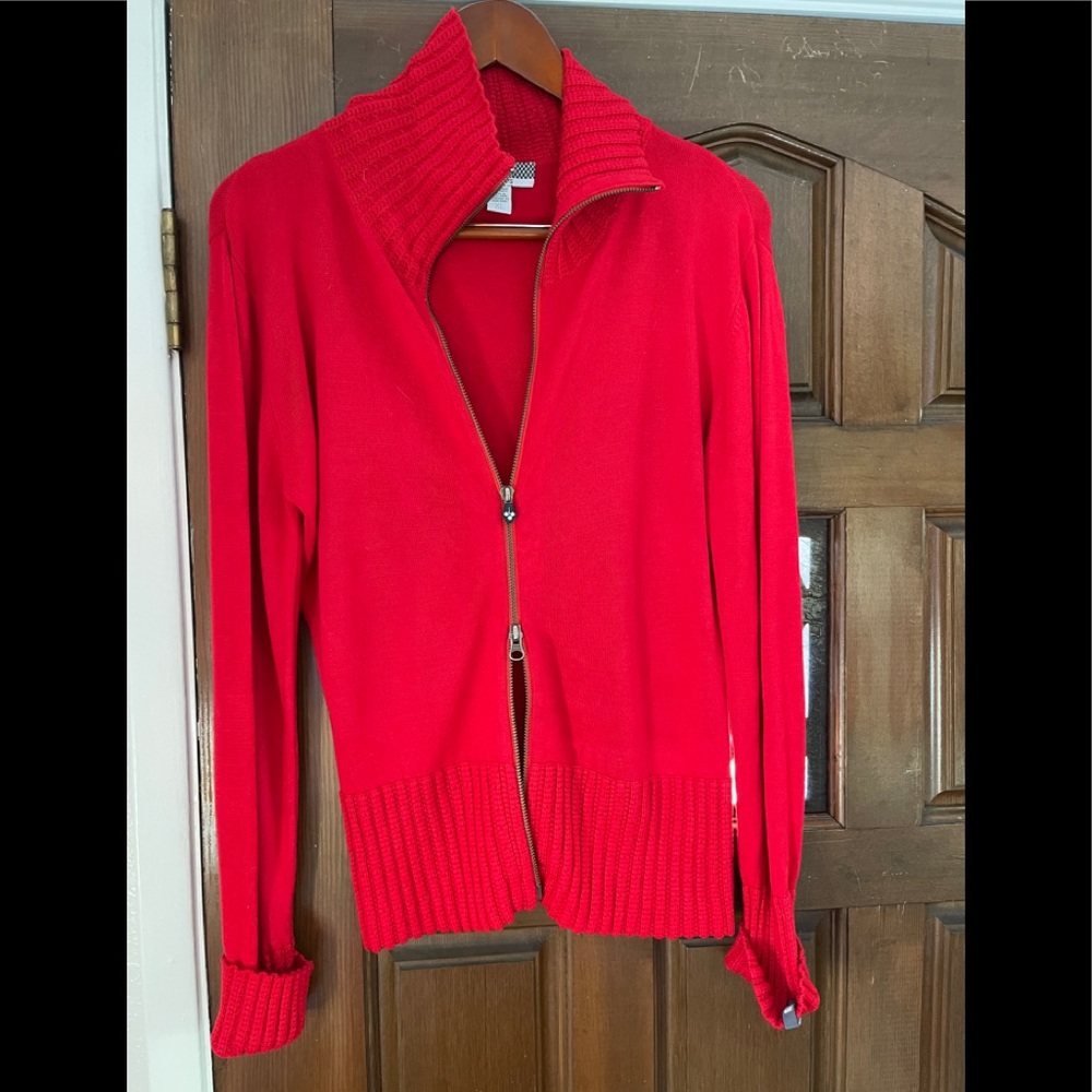 David Meister red sports knit long sleeve sweater